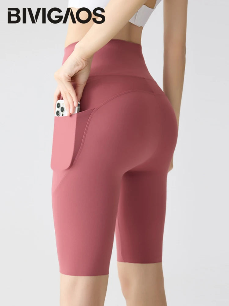 BIVIGAOS Summer Pocket Yoga Sharkskin Bicycle Shorts Women Thin High Waist Push Up Naked Feeling Sports Fitness Cycling Shorts