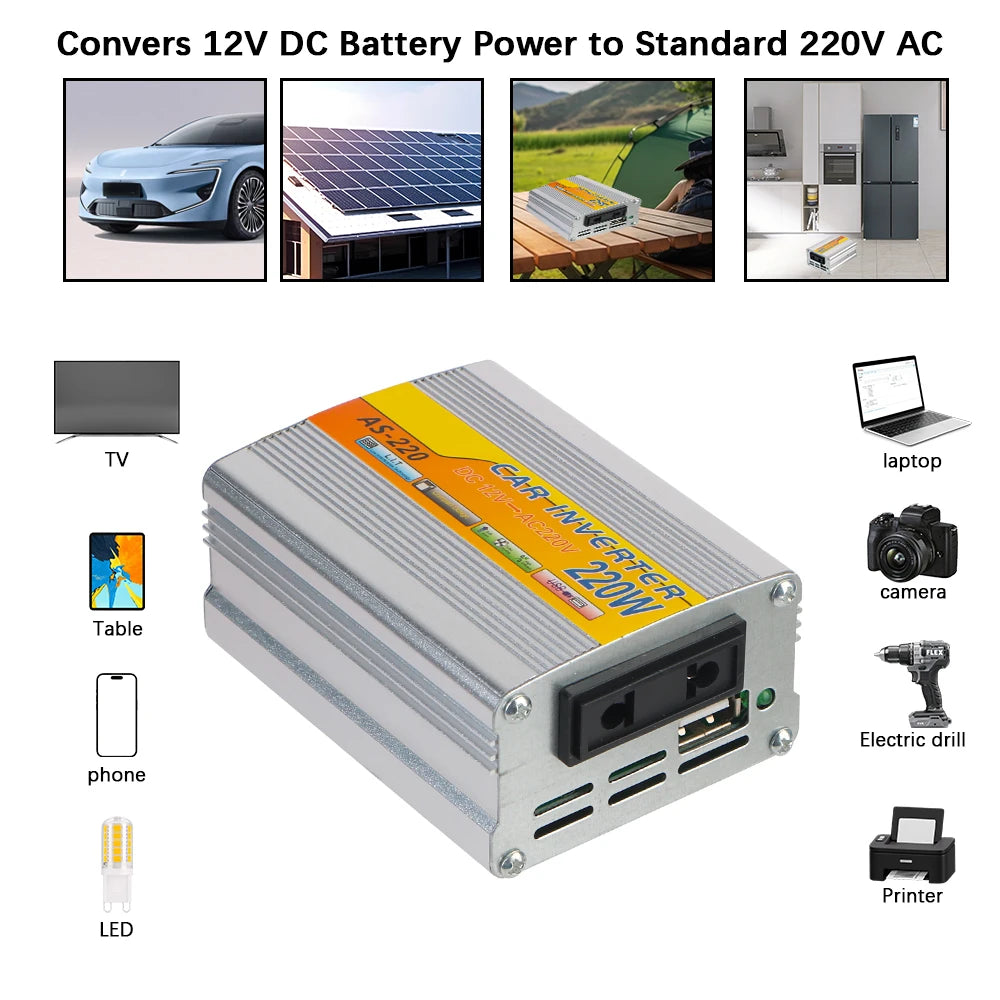 Portable Conversion USB Battery Clip DC 12V To AC 220V Car Mounted Solar Inverter 220W Power Inverter USB Voltage Transformer