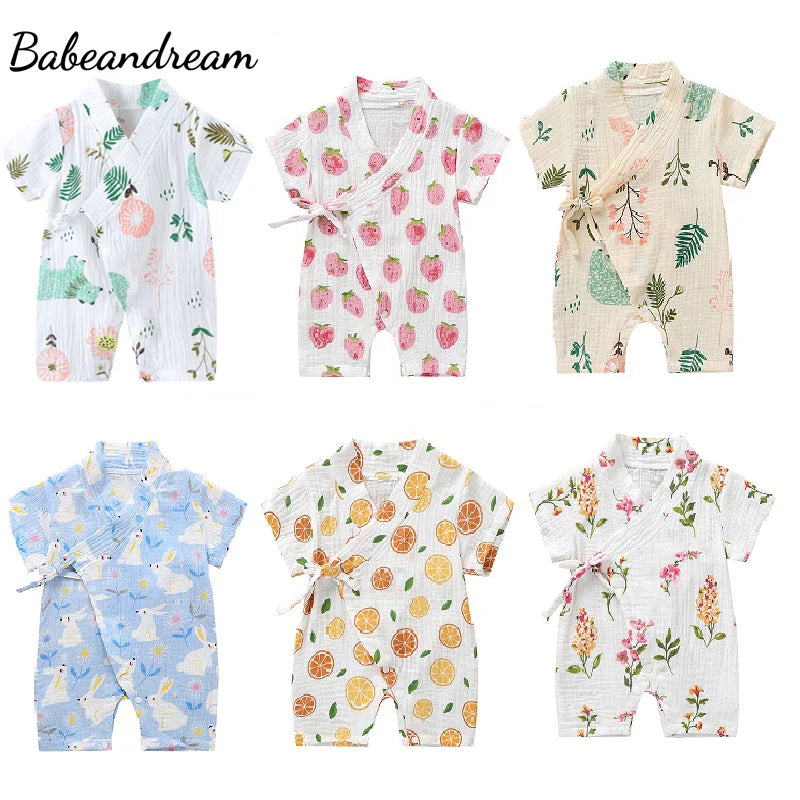 0-18M Summer Baby Girl Boys Clothing Rompers Jumpsuit Short-sleeved Floral Print Cute Soft Newborn Infant Baby Kimono Playwear