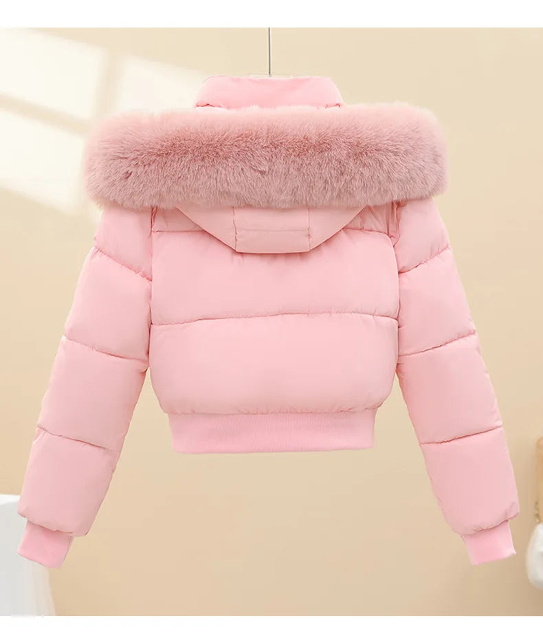 American Waistedn Big Fur Collar Hooded Short Cotton Coat for Women Winter New Fashionable Hat Detachable Casual Slimming Jacket