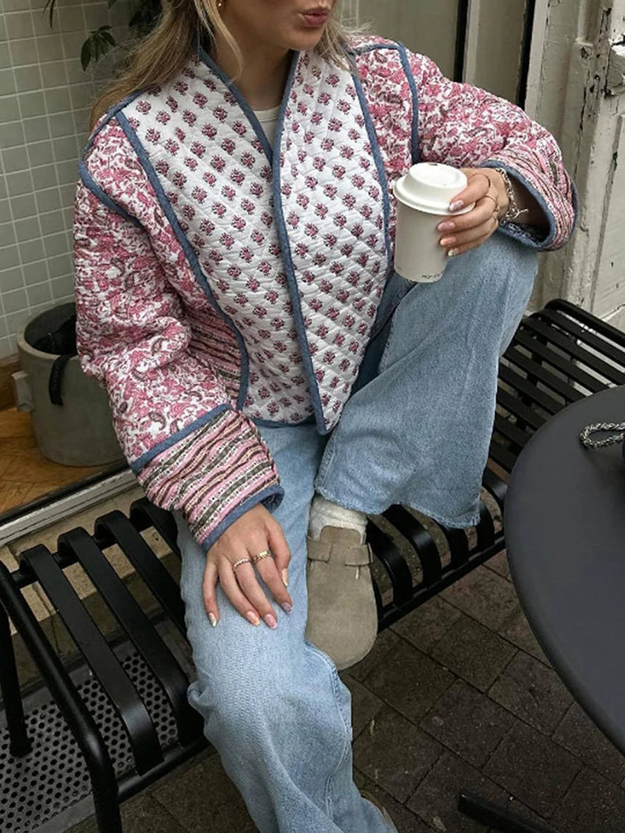 Womens Fall Winter Jackets Floral Print Stand Collar Open Front Quilted Coat Long Sleeve Padded Outerwear Vintage Casual
