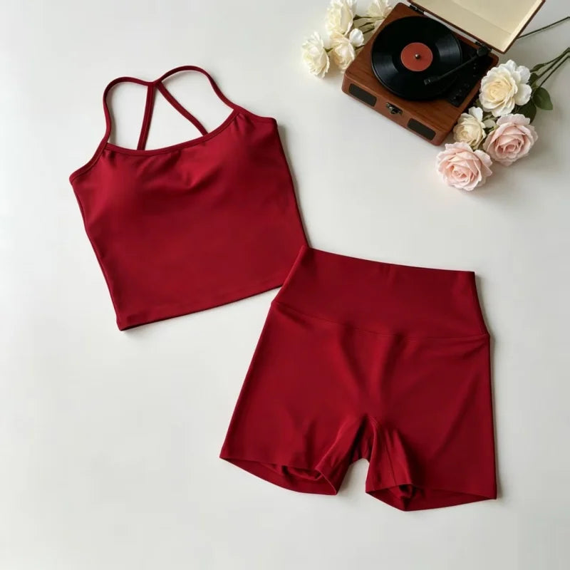 Yoga 2Pcs Women Naked Skin Set Thin Strap Beauty Back Tank High Waist Butt Lift Shorts Soft Breathable Gym Fitness Outfit