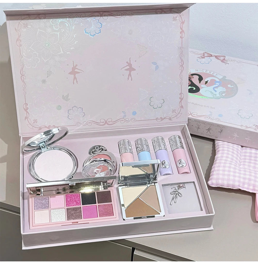 NICEKEY Face Makeup Sets Include 4 Lipgloss,1 Blush,1 Pressed Powder,1 Eyesshadow Palette,1 Contour Palette With Necklace Gift