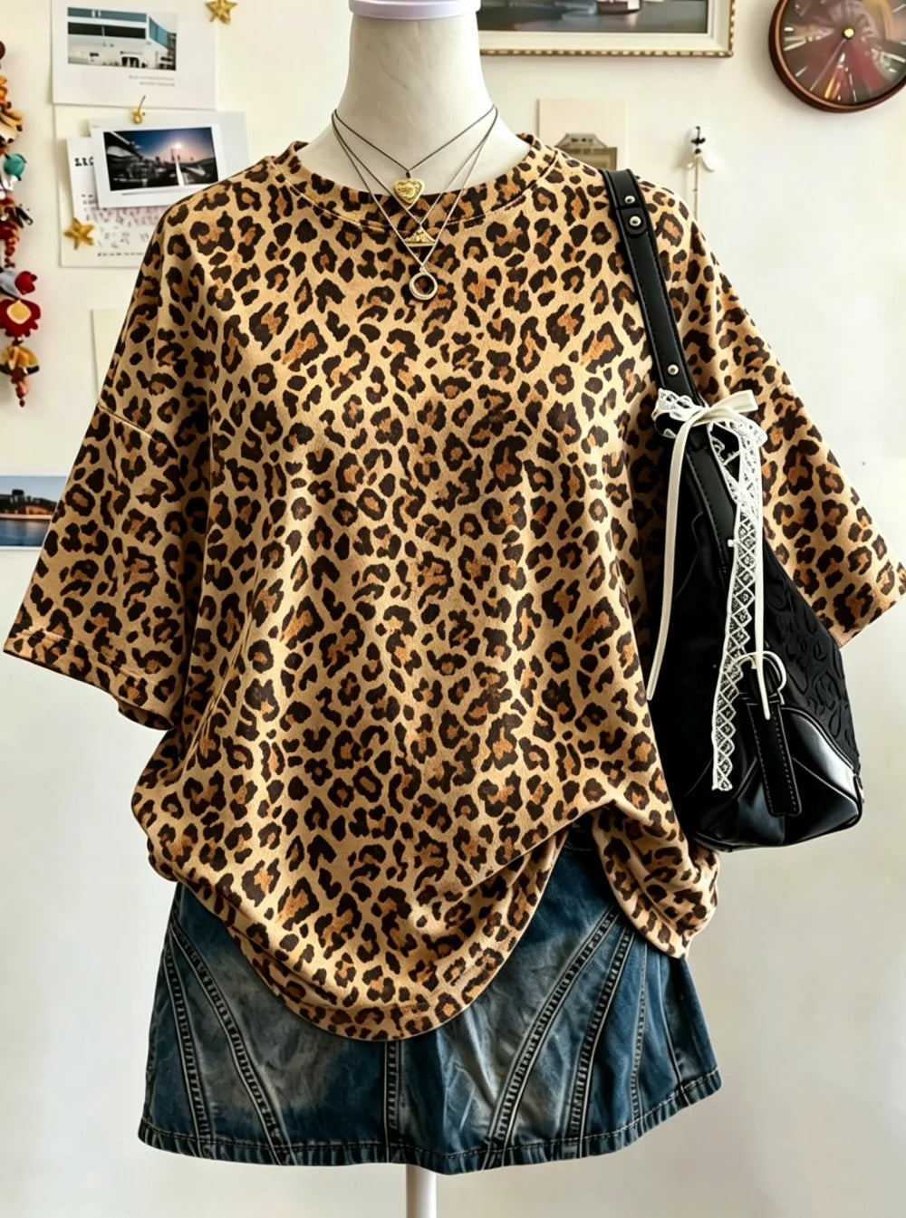 Summer Y2K Leopard Print Casual Oversized Round Neck Drop Shoulder Women Short Sleeve T-shirt Street Casual Sports Top