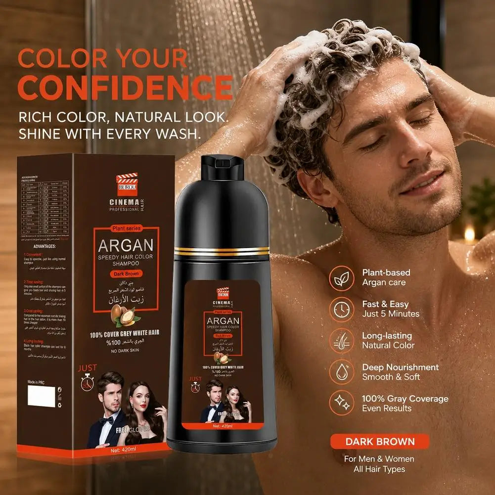 3-in-1 Collagen Argan Oil Shampoo Long-Lasting Black Hair Dye Shampoo for Men Women Nourishes Colors Gray Hair, 420ml Formula