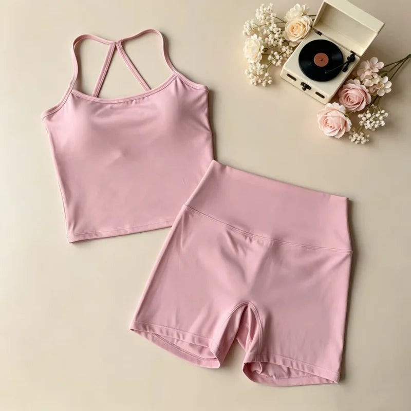 Yoga 2Pcs Women Naked Skin Set Thin Strap Beauty Back Tank High Waist Butt Lift Shorts Soft Breathable Gym Fitness Outfit