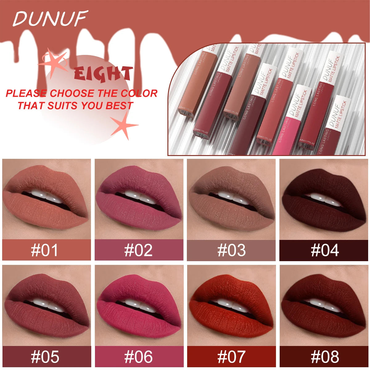 8Pcs/Set Matte Velvet Lip Gloss Long Lasting Nude Shades Non Fading Waterproof Sweatproof Lightweight Comfortable