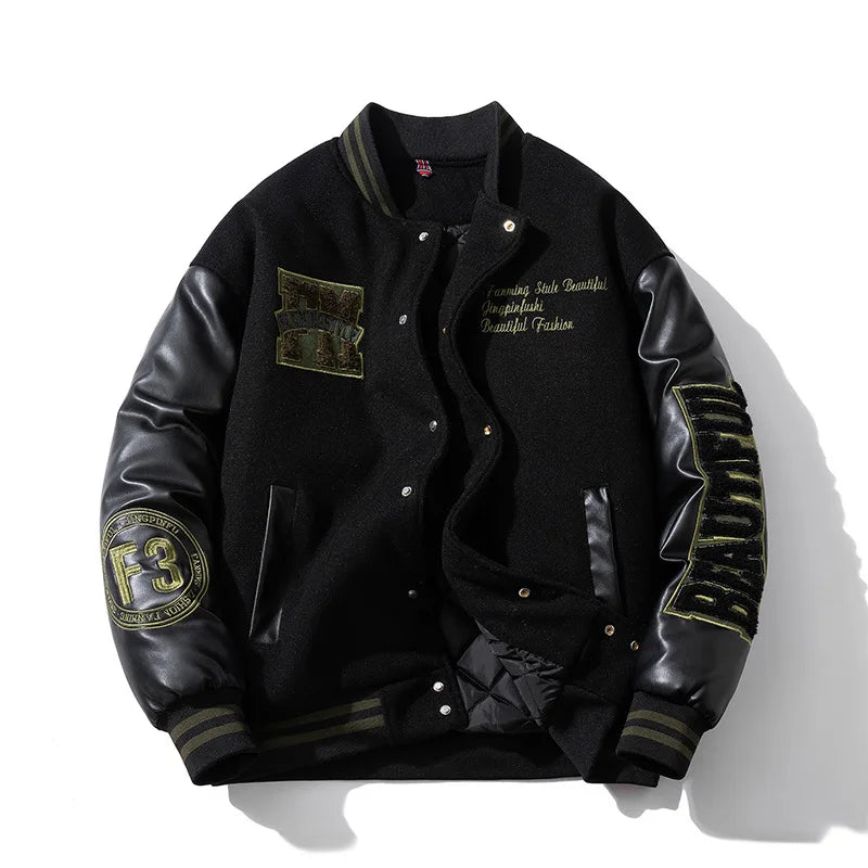 Vintage Letter Embroidered Baseball Jacket Cotton Coat Men's Winter Leather Sleeve Patchwork Woolen Thicken Overcoat