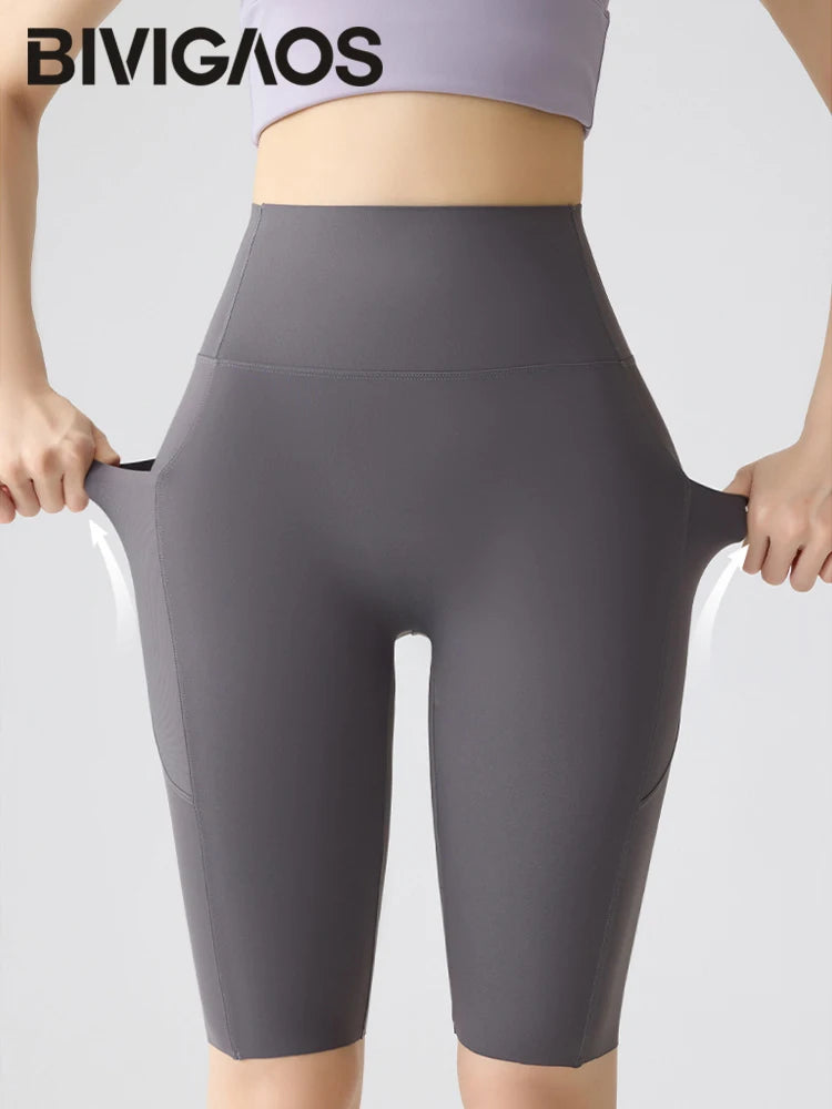 BIVIGAOS Summer Pocket Yoga Sharkskin Bicycle Shorts Women Thin High Waist Push Up Naked Feeling Sports Fitness Cycling Shorts