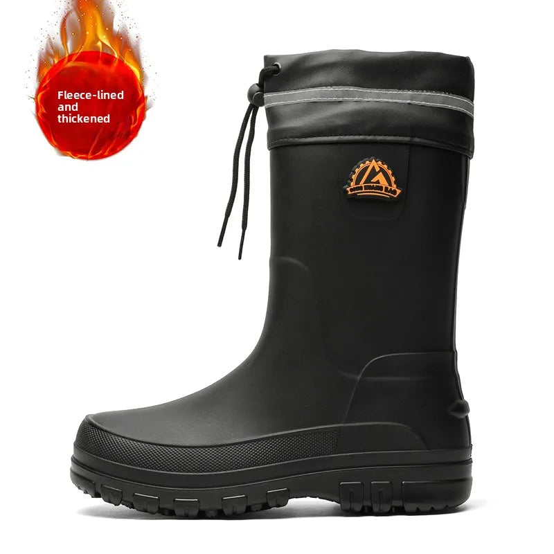 Men's Winter Fleece Lined Mid-Calf Rain Boots Anti-Slip Waterproof Work Rubber Boots Car Wash Fishing Outdoor Wear Water Shoes