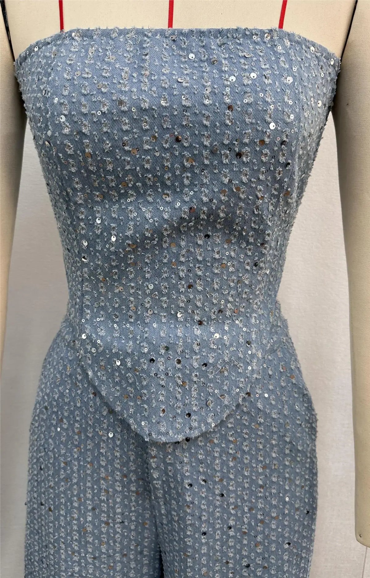 Fashion Sequins Denim Set Women Strapless Tunic Waist Crop Top and Wide Leg Pant Suit 2024 New 2 Piece Sets Outfits Tracksuit