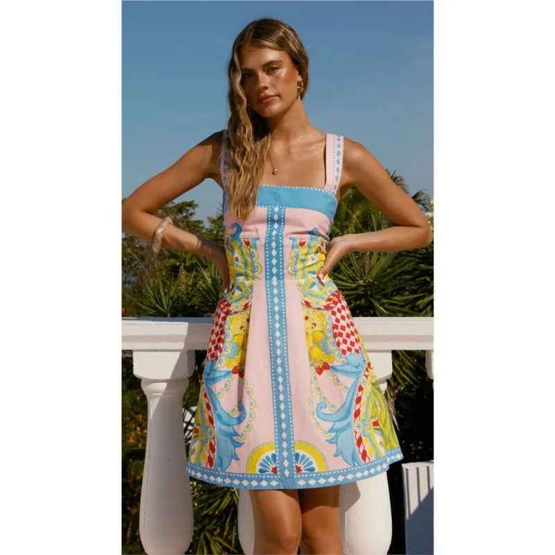 Sexy Elegant Tropical Printed Short Dress Women Spaghetti Strap Bodycon Mini Dresses 2026 Summer Dresses Beach Vacation Vestidos
