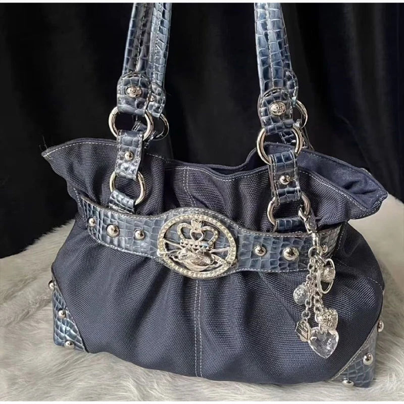 Luxury Women Rivet Handbag,Y2k Girls Metal Studded Underarm Shoulder Bag,Niche Belt Buckle Commuter Chic East-West Tote Bag