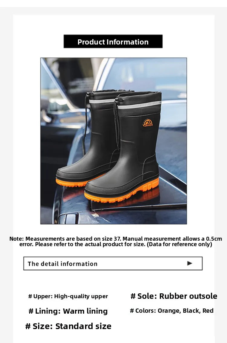 Men's Winter Fleece Lined Mid-Calf Rain Boots Anti-Slip Waterproof Work Rubber Boots Car Wash Fishing Outdoor Wear Water Shoes