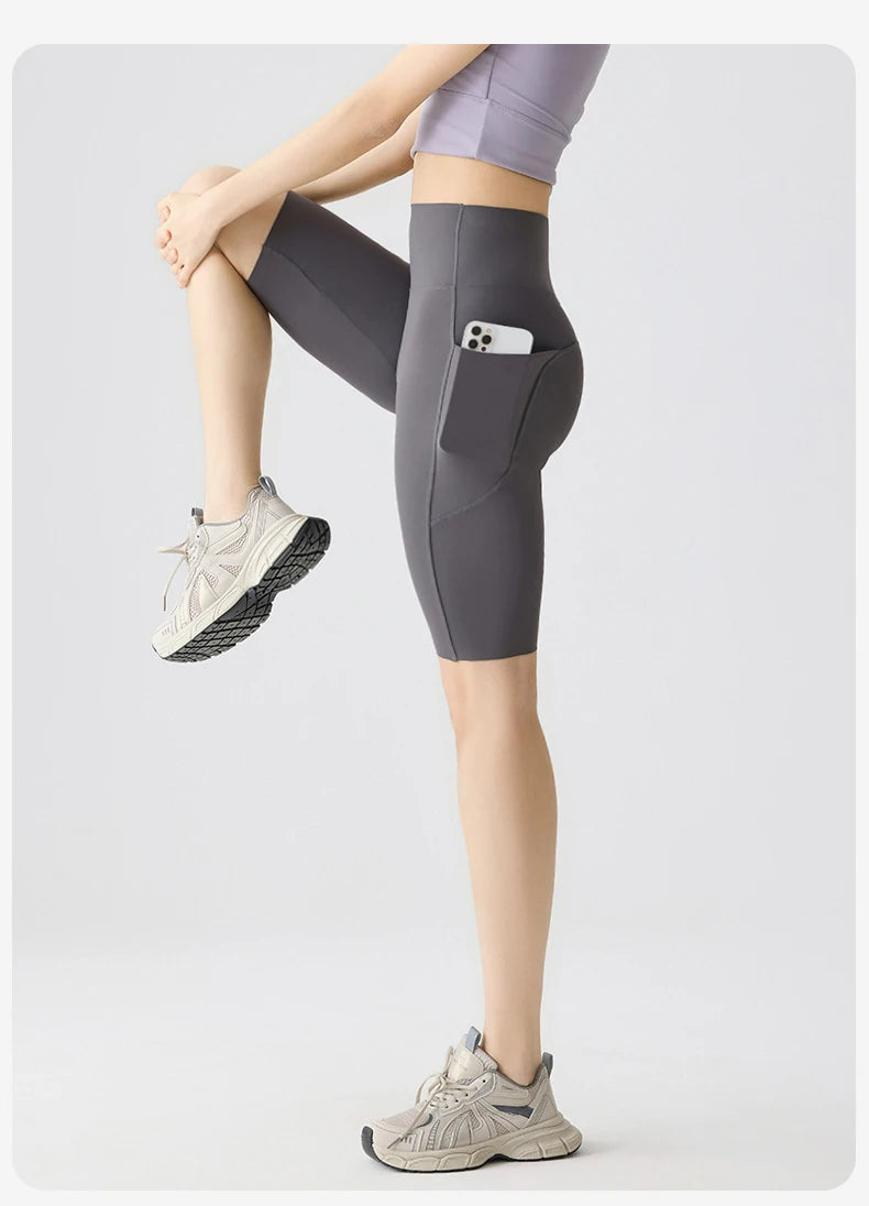 BIVIGAOS Summer Pocket Yoga Sharkskin Bicycle Shorts Women Thin High Waist Push Up Naked Feeling Sports Fitness Cycling Shorts