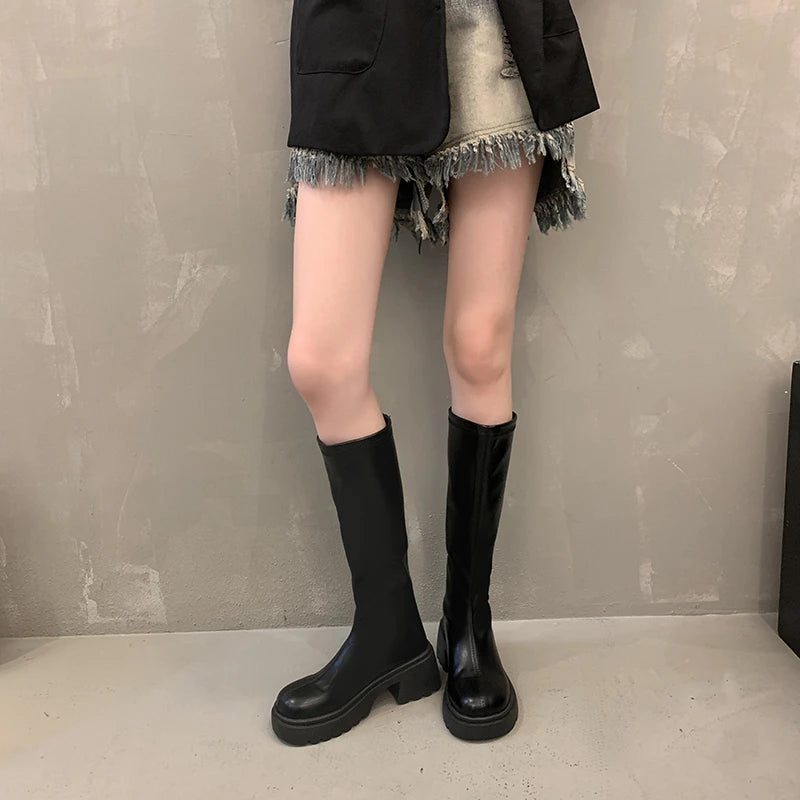 Autumn and Winter New Round Head Thick Sole Retro Heightening Mid-calf Boots with Velvet Warm and Comfortable Fashion Show Boots