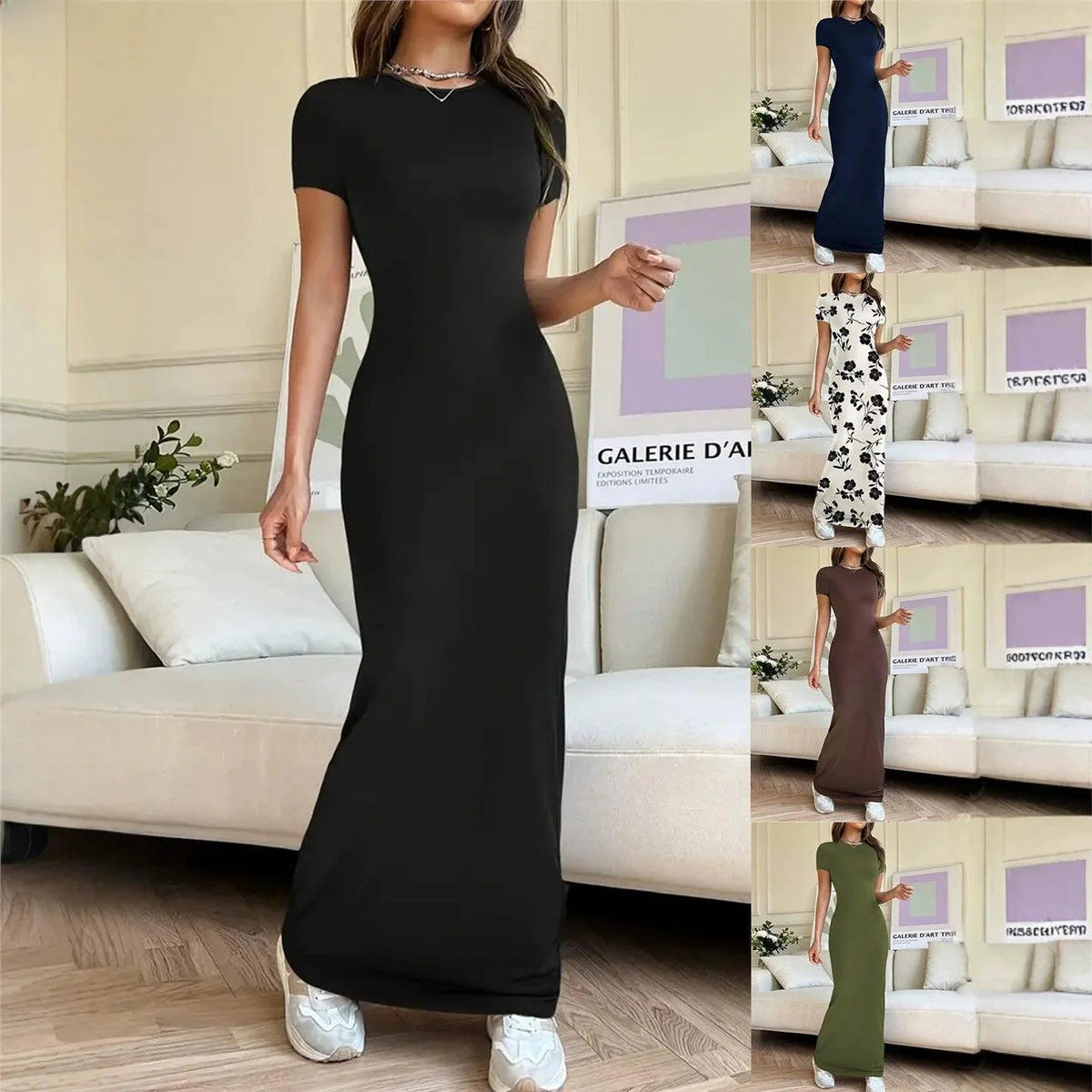 Sexy Slim Fit Short Sleeve round Neck Dress Pure Color Long Dress for Women LinJ2026 Casual European Style mid Waist Skirt