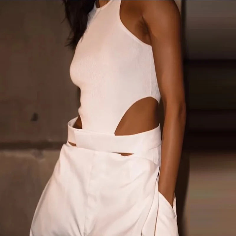 Summer Streetwear Solid Color Wide Leg Jumpsuit Casual Pocket Long Pants Playsuit Sexy Lady O Neck Sleeveless High Waist Romper