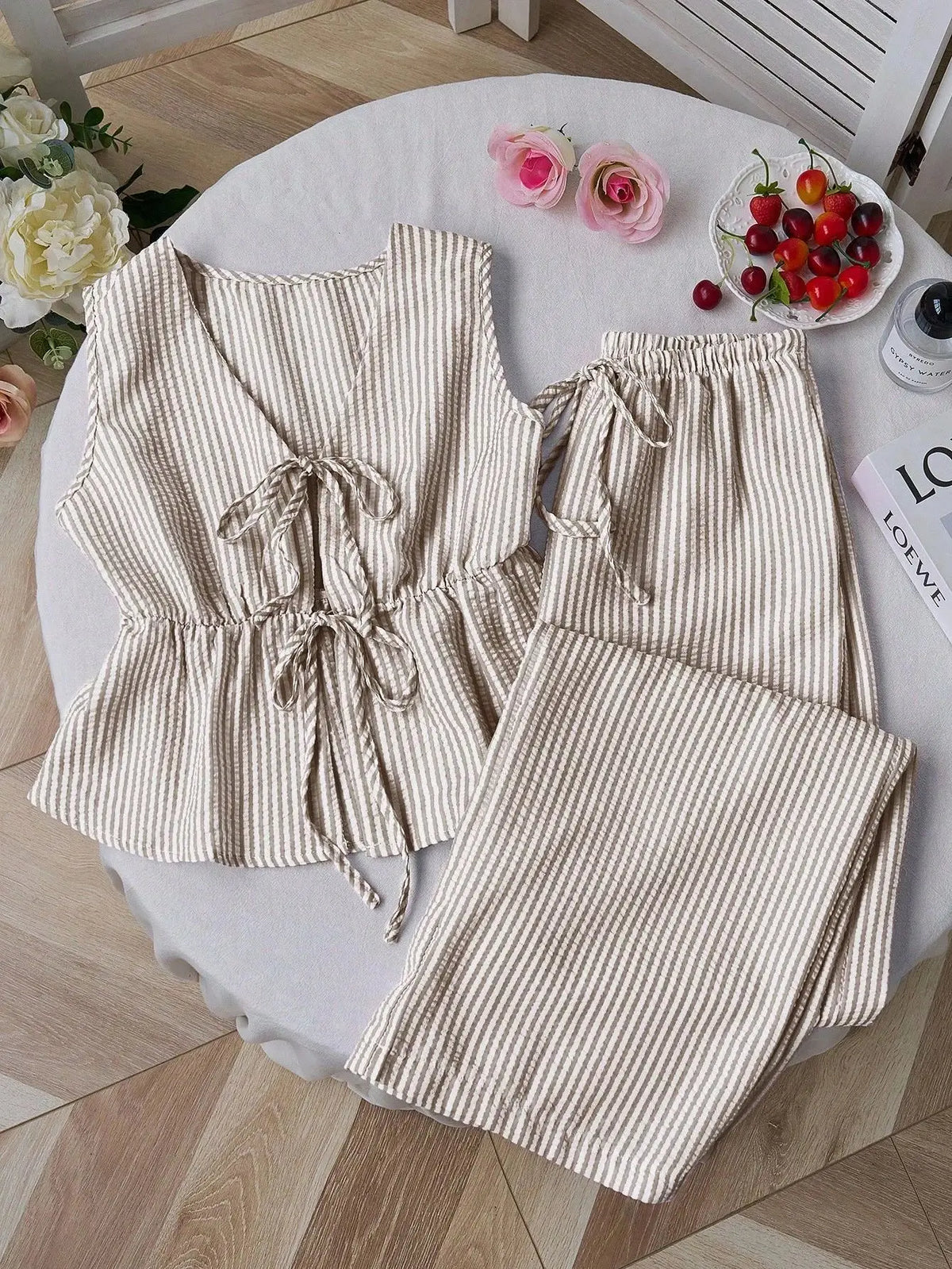 Summer Solid Color Tie Pants Set Stripe Casual Sweet Versatile Loose Comfortable Vacation Daily Two Piece Set