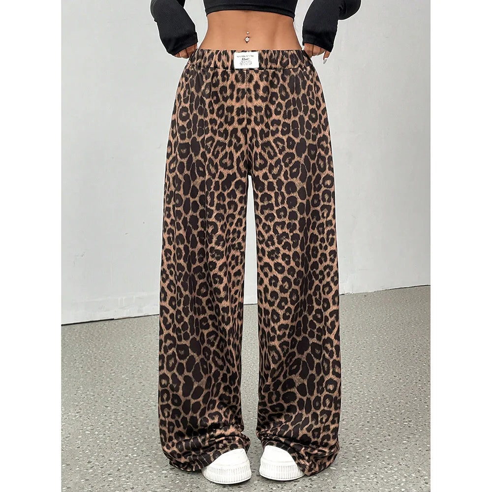 GG Women Leopard Print Wide Leg Pants Elastic High Waist Loose Casual Trousers Streetwear Y2K Fashion Long Palazzo Pants