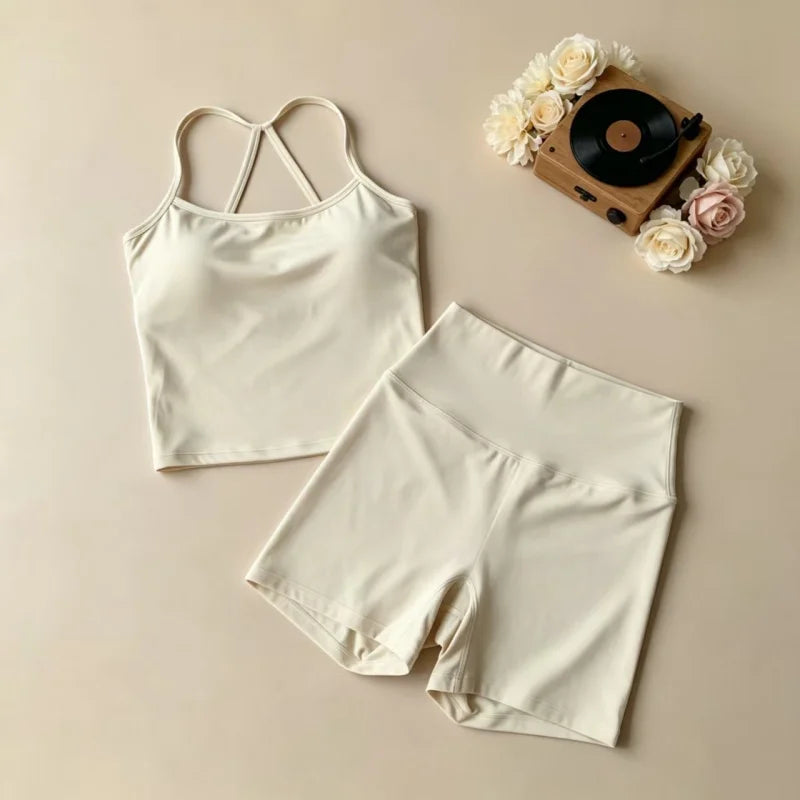 Yoga 2Pcs Women Naked Skin Set Thin Strap Beauty Back Tank High Waist Butt Lift Shorts Soft Breathable Gym Fitness Outfit