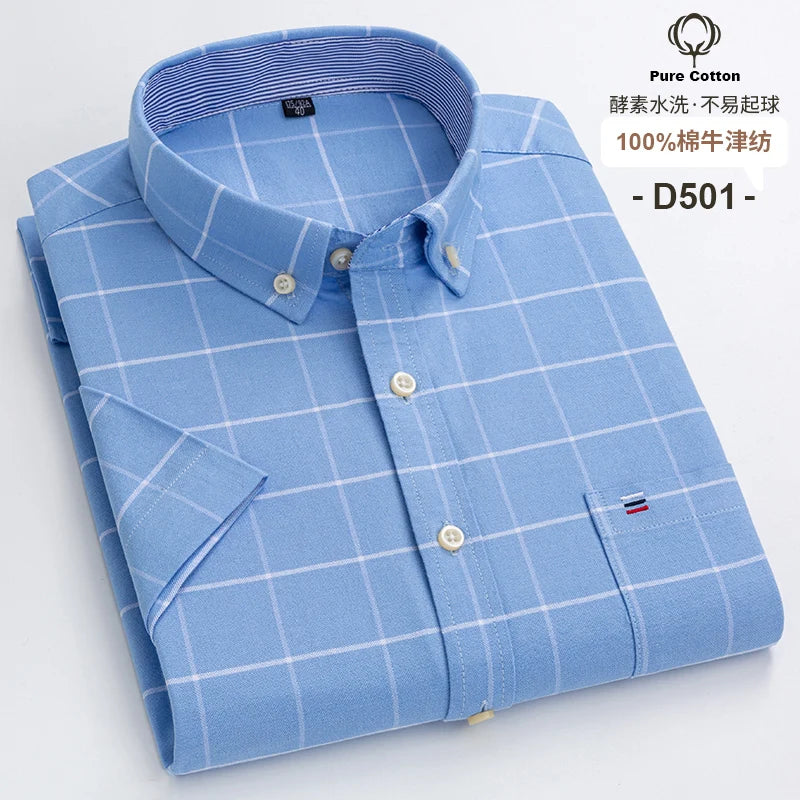100%Pure Cotton Oxford Men's Shirts Short Sleeve Plaid Soft Regular Fit Formal Dress Shirt Social Blouse Male Clothes 6XL 7XL