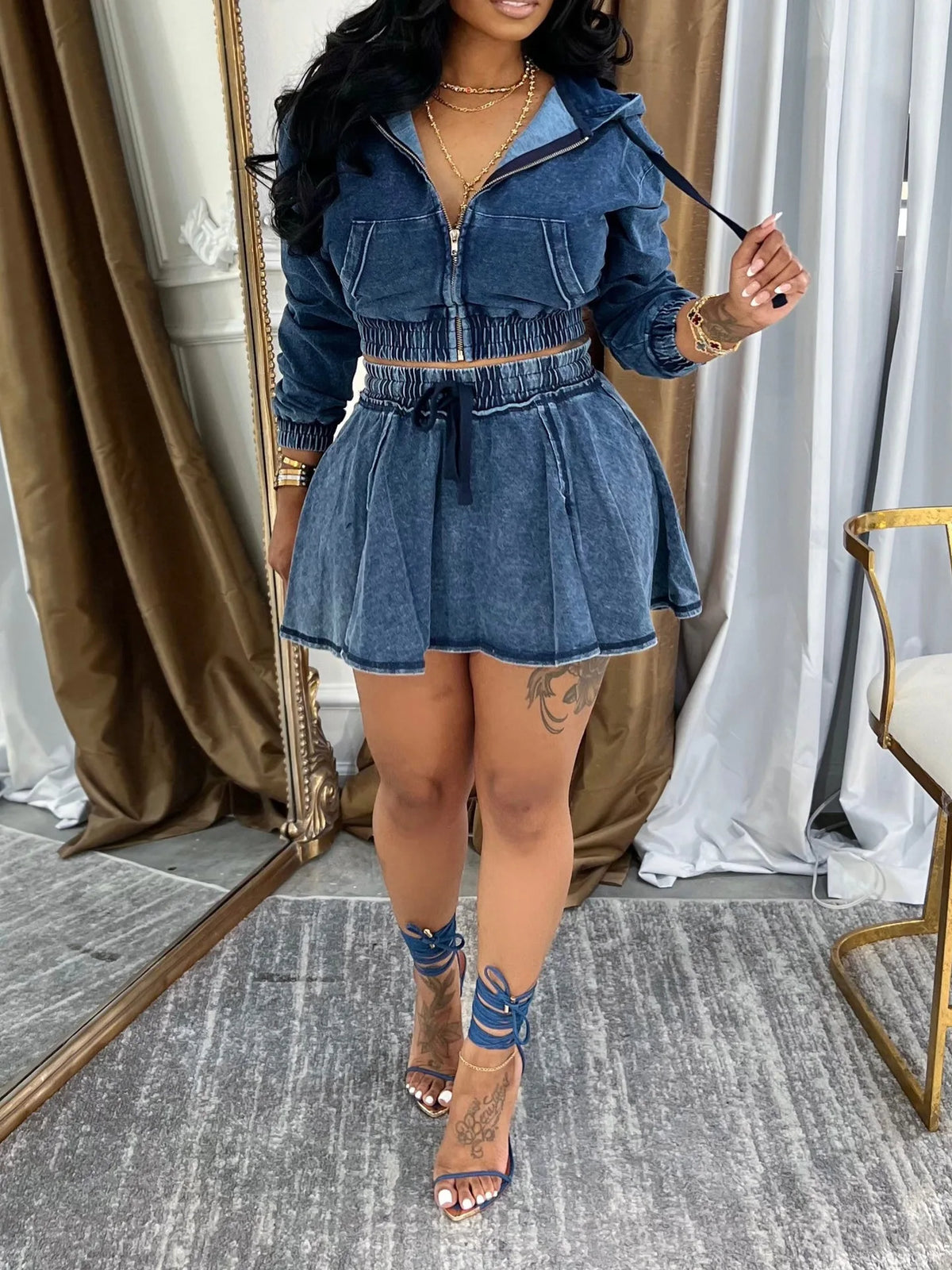 FAGADOER Fashion Denim 2 Pieces Set for Woman Wash Long Sleeve Hooded Crop Top and Pleated Skirts Matching Suits Streetwear New