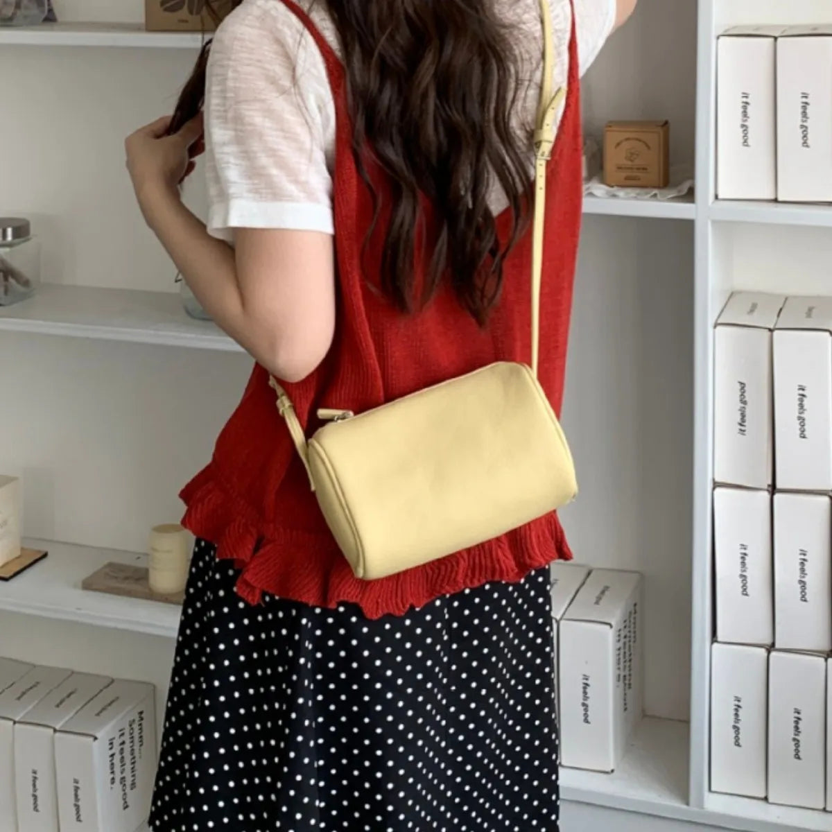 2026 New Women Lychee Pattern Small Pillow Bag Summer Fashion Boston Handbag Single Shoulder Crossbody Bag Small Bag Red Yellow