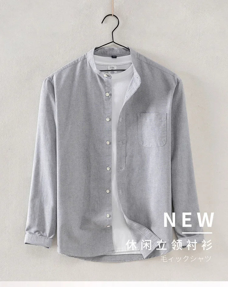 2027 Cotton Stand-up Neck Oxford Spinning Anti-wrinkle Casual Spring Autumn New Men's Shirt Jackets Long Sleeve Shirt Men's
