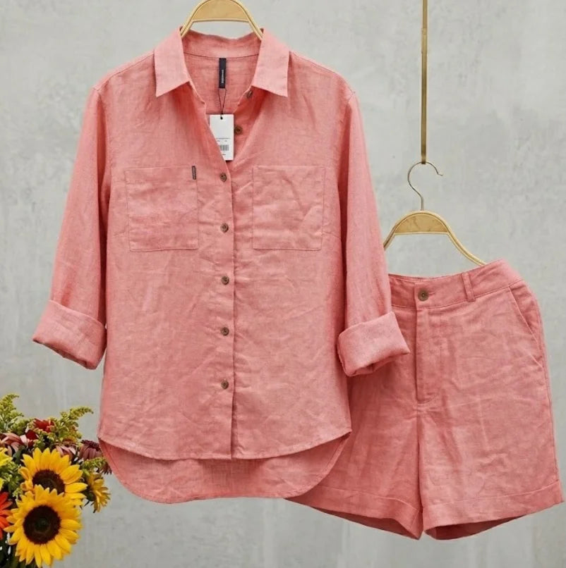 Summer Autumn Cotton Linen Casual Home 2 Piece Set For Women Fashion Long Sleeve Shirt And Shorts Two Piece Sets Tracksuit