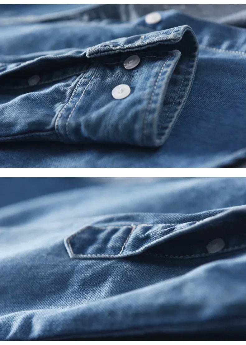 100% Cotton Autumn New Long-sleeved Denim Shirt Men Fashion Casual High Street Male Clothes Top Classic Light Blue Black Gray