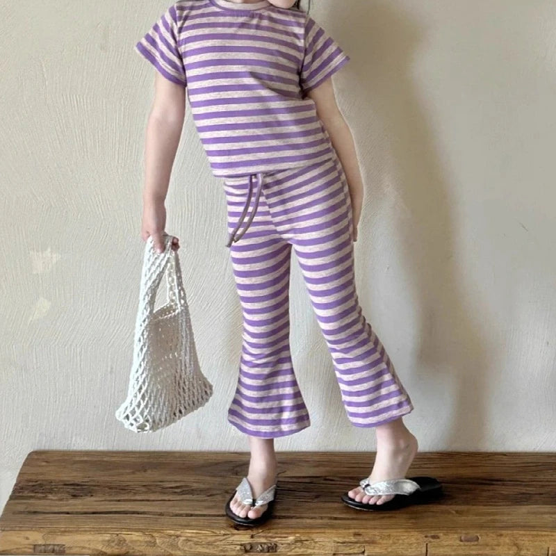 Girls' Short-Sleeved T-Shirt 2025 New Summer Clothing for Small and Medium-Sized Children, Baby Children's Clothing Tops, Striped Suit, Casual Two-Piece Set