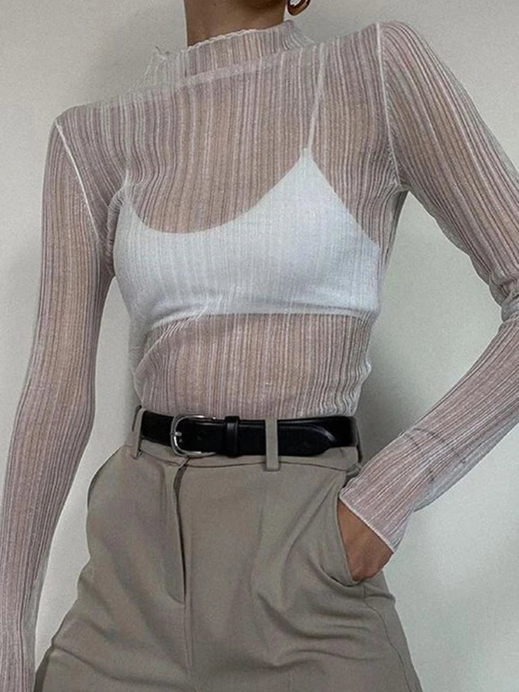 2024 Fall Elegant See Through Long Sleeve Mock Neck Women Tops Fashion Streetwear Sexy T-Shirts Tees Slim Clothes
