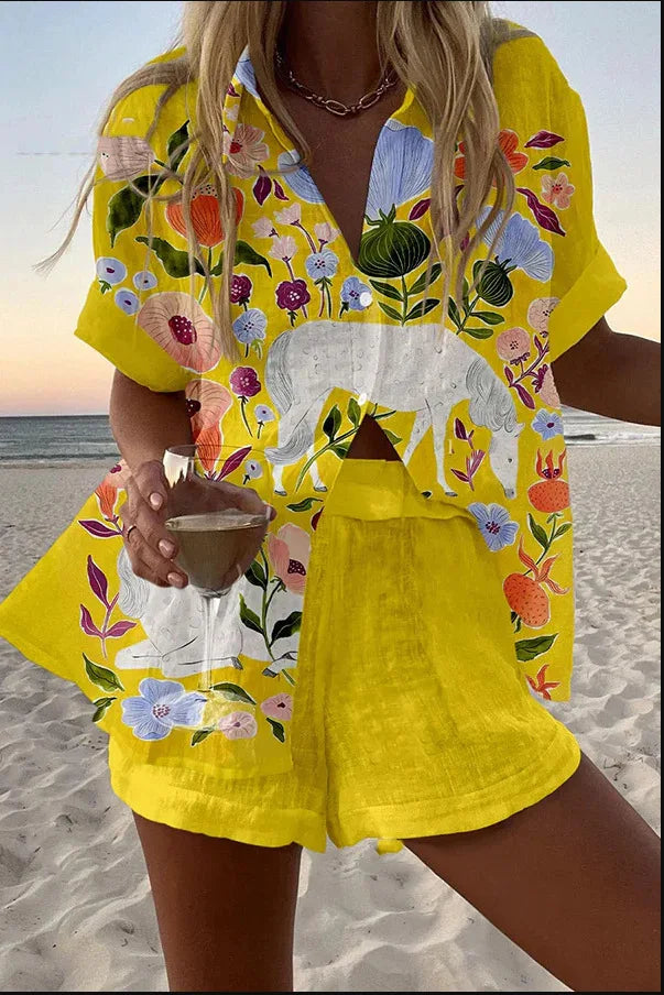 Summer New Print Beach Holiday Set For Women Fashion Short Sleeve Buttoned Shirt Wide Legs Shorts Oversized Two Piece Set