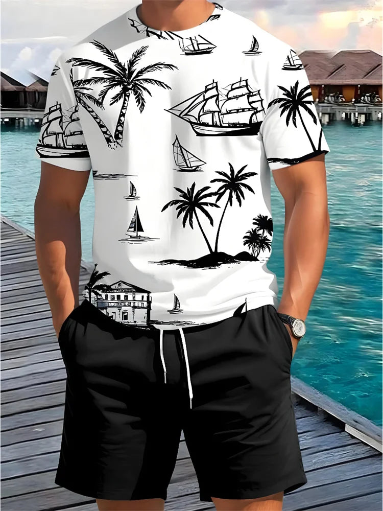 Summer New Men's Short-sleeved Hawaiian Print Two-piece Beach Vacation Breathable Short-sleeved With Drawstring Loose Shorts