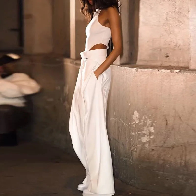 Summer Streetwear Solid Color Wide Leg Jumpsuit Casual Pocket Long Pants Playsuit Sexy Lady O Neck Sleeveless High Waist Romper