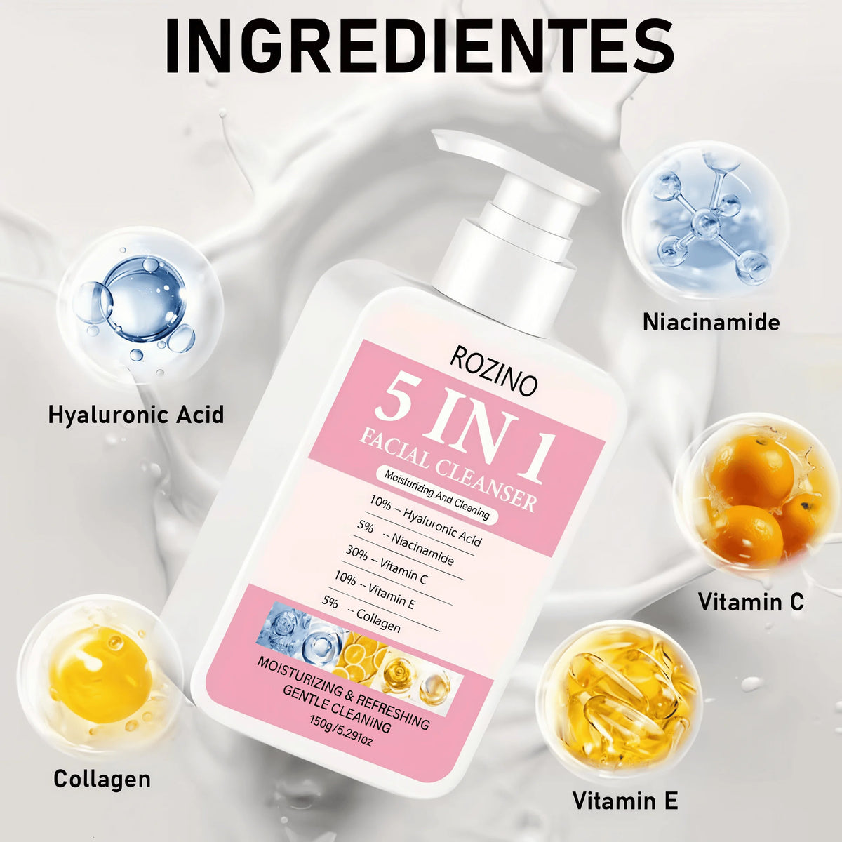 150g Large Capacity 5 in 1 Facial Cleanser, Which Combines Hyaluronic Acid, Niacinamide, Vitamin C, Vitamin E, and Collagen. Its Rich Foam Can Deeply Cleanse Oil and Dirt, Gently Cleanse, Moisturize, Brighten the Skin, Make I