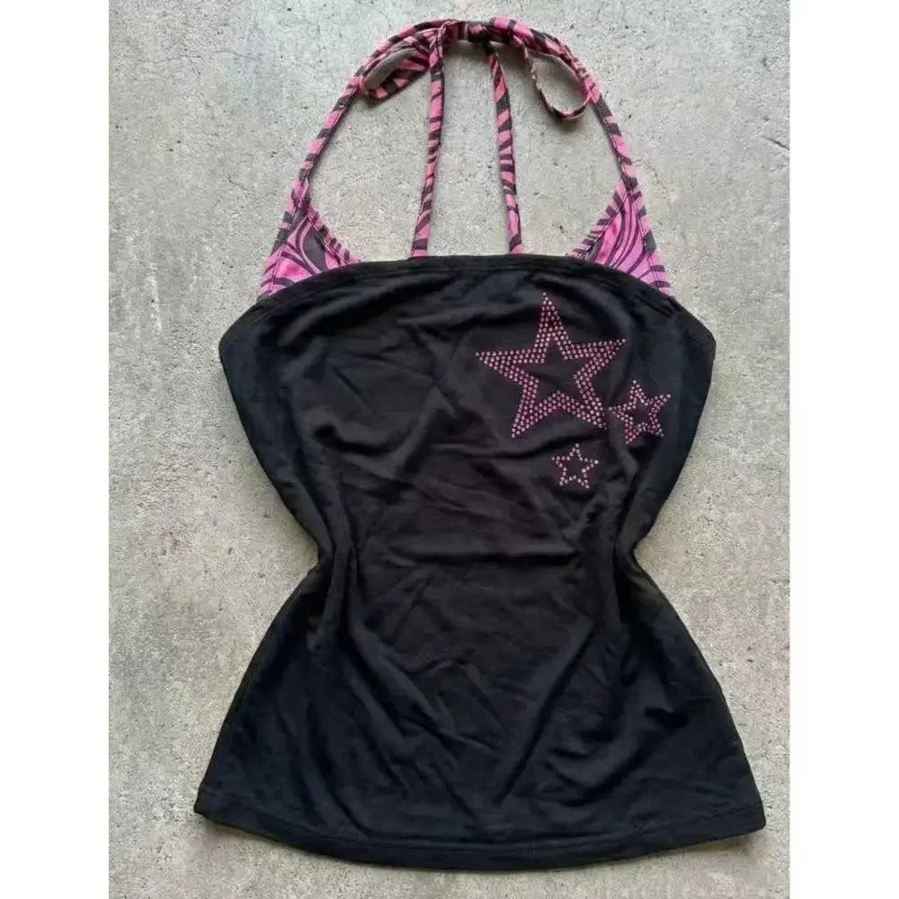 American Retro Flower Print Halter Vest Y2K Harajuku Fashion Camisole Women Streetwear Sexy Slim Sleeveless Crop Clubwear Tops