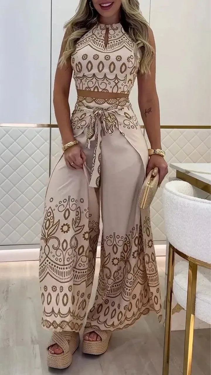 Summer Vintage Halter Top Wide Leg Pants Set Women's Bohemian 2-Piece