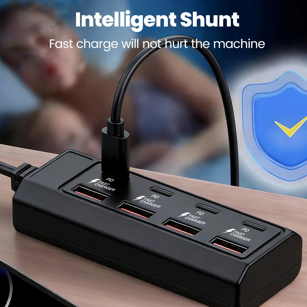4 USB Charger Power Strip Fast Charging 4 Type C Phone Charger Adapter Electric Socket Extension Cable Socket for Home Office