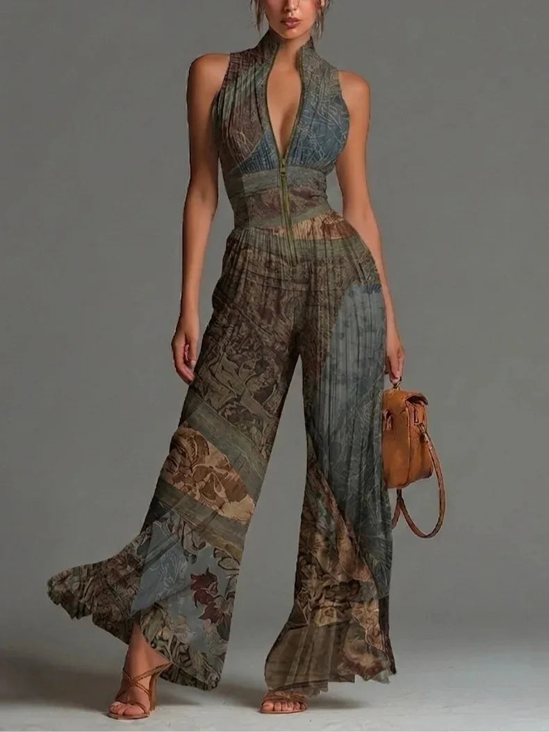 2026 White Pleated Neck Jumpsuit Women's Long Wide-leg Fashion Sexy Pleated Jumpsuits Sexy Slim Fits Sleeveless Rompers Y2K