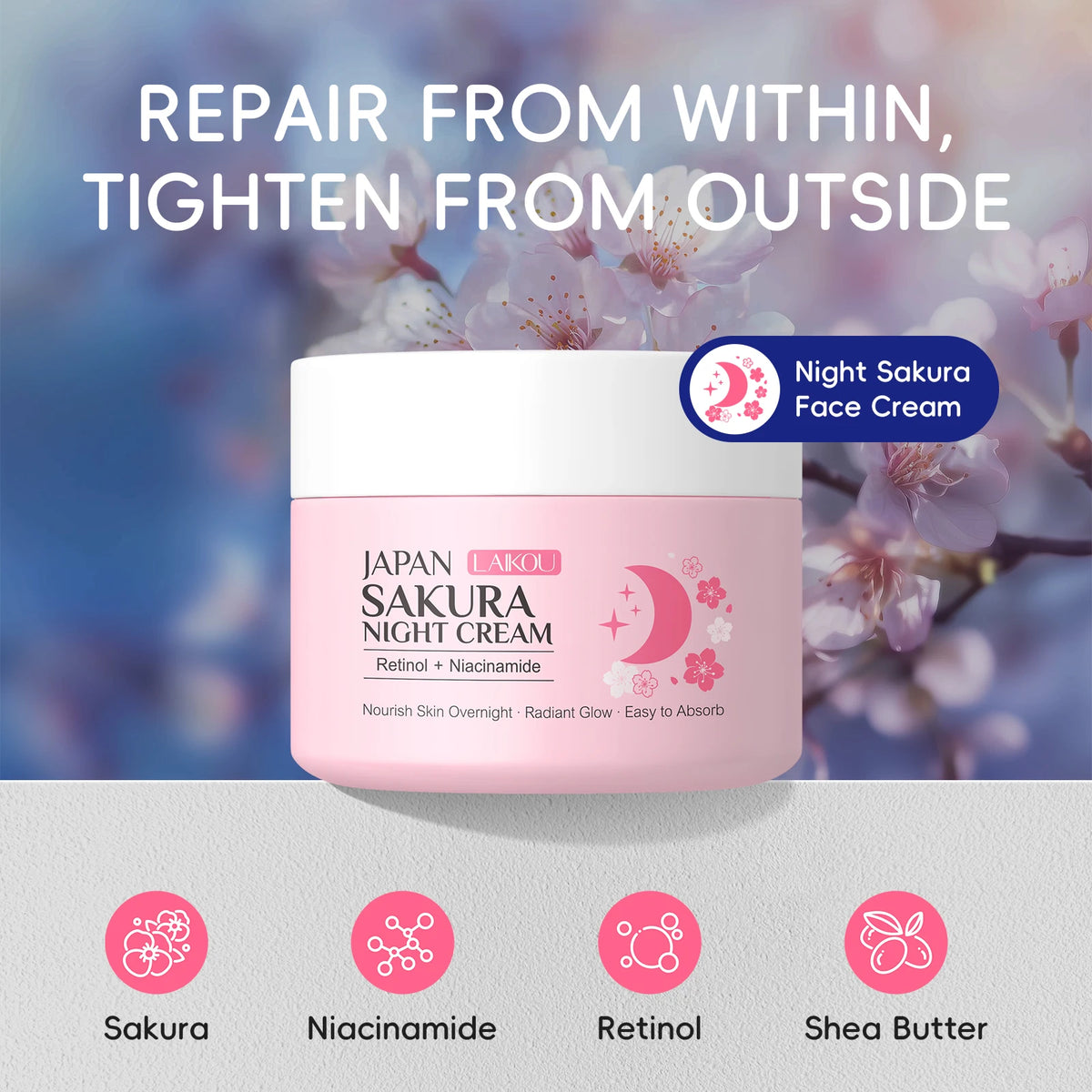 LAIKOU Japan Sakura Day & Night Cream Set 30g*2 Day Hydrating Night Repair Radiant Skin Care Kit