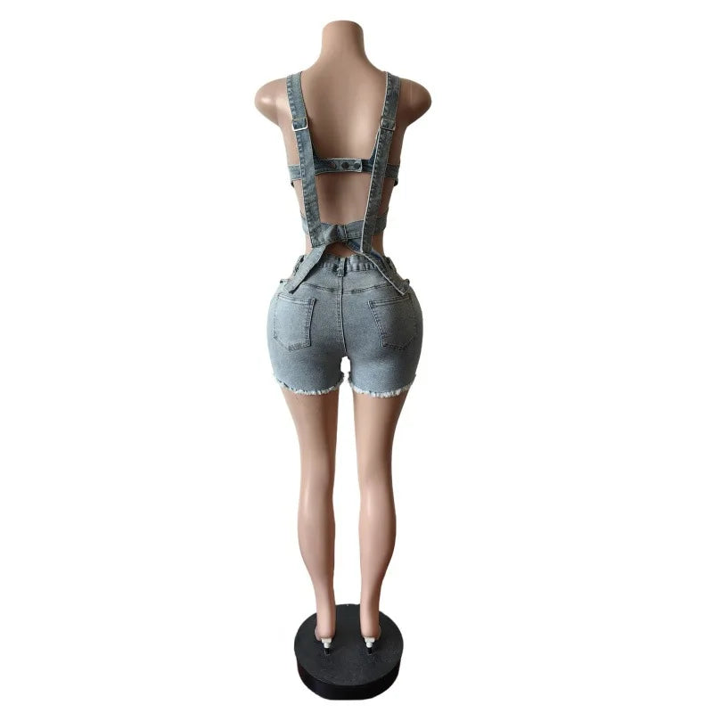 2 Piece Sets Women Denim Shorts Suit Sexy Vest Top Strap Backless Jeans Short Pants Pockets Outfits 2025 Streetwear Ensemble