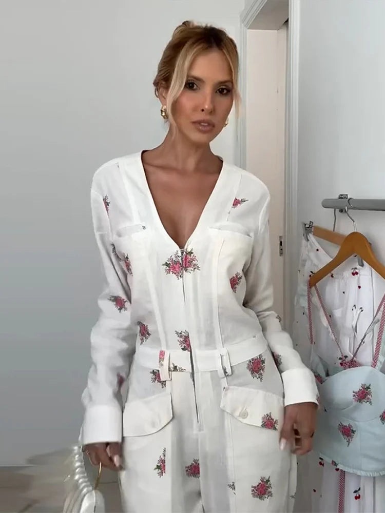 Casual Women's Jumpsuit V-neck Full Sleeve Zipper Straight Print Floral Female Jumpsuits 2026 Summer Fashion Chic Lady Outfit