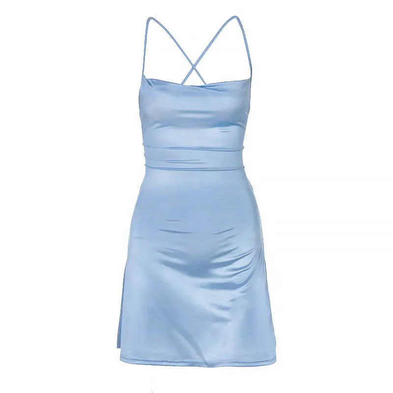 Summer Spaghetti Strap Mini Satin Dress Women Sexy Backless Bodycon Party Dress Short Club Dress