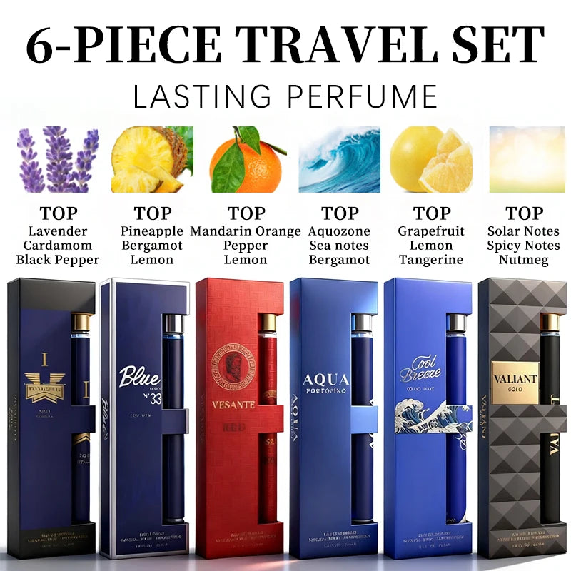 6-Piece Travel Set, Men's and Women's Eau De Toilette Spray, Long-Lasting Fragrance, 6 Different Flavors, Perfect for Holiday Gift
