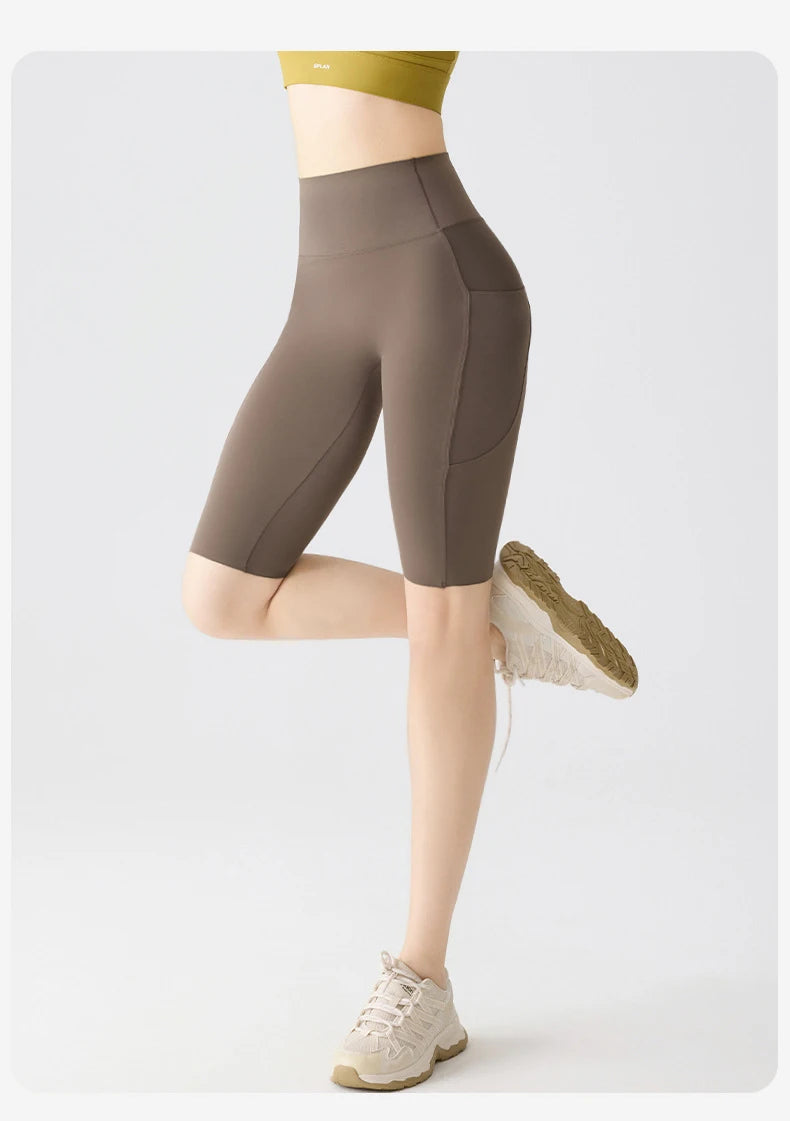 BIVIGAOS Summer Pocket Yoga Sharkskin Bicycle Shorts Women Thin High Waist Push Up Naked Feeling Sports Fitness Cycling Shorts
