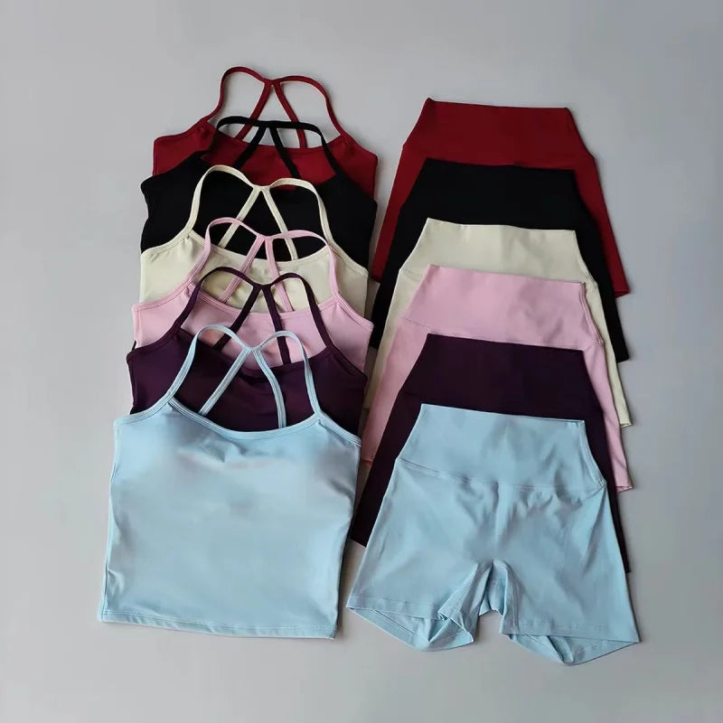 Yoga 2Pcs Women Naked Skin Set Thin Strap Beauty Back Tank High Waist Butt Lift Shorts Soft Breathable Gym Fitness Outfit
