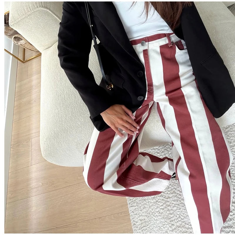 Soft Denim Button‑Front Curved‑Cut Jeans Slim‑Fit Striped 2026 Summer Casual Women Denim Pants Fashion Versatile Lady Trousers