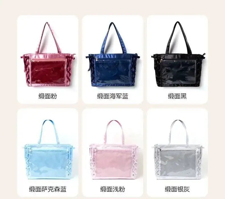 Japanese Sweet Women Ribbon Ita Bag Fashion Large Capacity Tote Bag Aesthetic Shoulder Bag Cute Lolita Girl Transparent Handbags